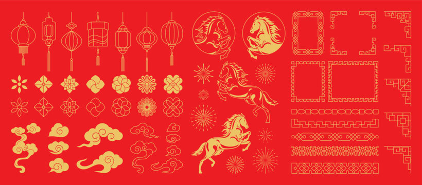 Chinese New Year 2026 vector illustration for Year of the Horse with gold line art horses, lanterns, lotus flowers, cloud symbols, geometric frames, round patterns and festive decorations. Suitable fo