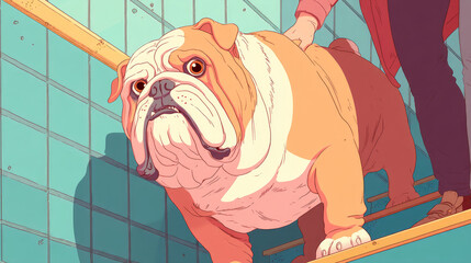 Cute fat dog sad because excess weight. Modern problem of obesity in pets due to overfeeding with food and treats. Concept diet and fight against excess weight in dogs and awareness of animal health