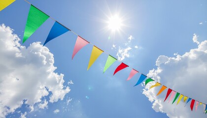 Patterned Colorful Pennant Flags Against a Bright Blue Sky