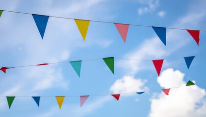 Obraz premium Colorful Pennant Flags Waving Against a Bright Blue Sky