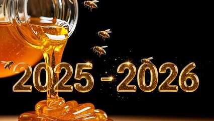 Golden Future Honey Pour with Bees and 2025-2026 Year Dates
