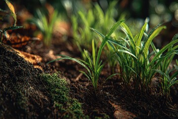 Young green plants grow near moss on rich, dark soil in a peaceful forest. Use this nature photo for your website or green environmental project.