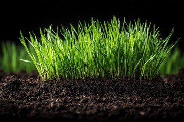 Lush green grass sprouts from rich, dark soil against a black background. Use this shot to represent growth, freshness, or environmental themes.