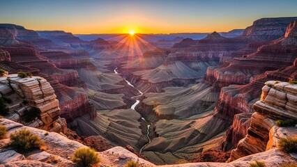Majestic Grand Canyon at Sunset with Vibrant Colors and Winding River