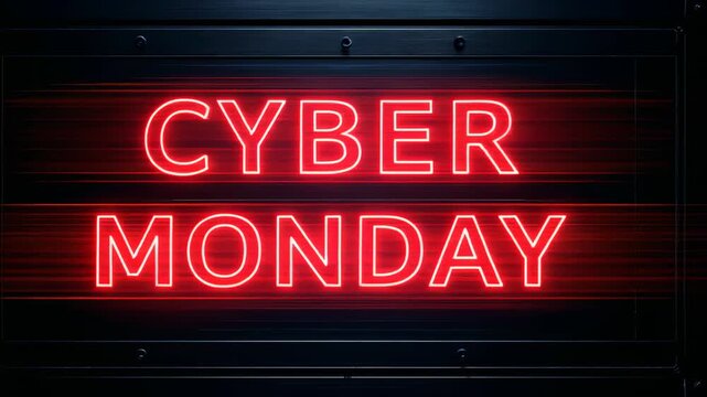 Pulsing red neon CYBER MONDAY sign powering on against metal shutter, with glitch streaks - Powered by Adobe