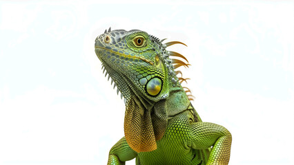 Obraz premium green iguana on a branch, Colorful Iguana Lying on White Background, Detailed Green Iguana Portrait for Stock Photography