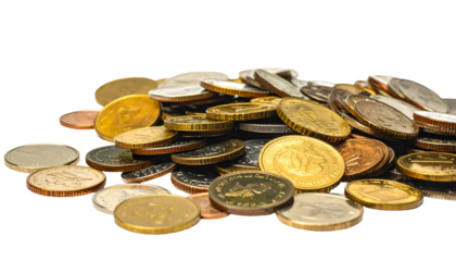Pile of mixed, unorganized coins with a black background