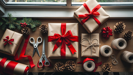 Obraz premium Christmas Gift Wrapping Flatlay with Presents, Pinecones and Holiday Decorations