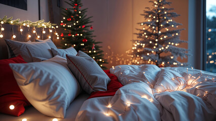 Obraz premium Cozy Christmas Bedroom with Warm Lights and Decorated Christmas Trees