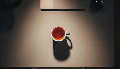 Topdown view of a workspace with tea, laptop, mouse, and plant, perfect for productivity, relaxation, and remote work scenarios.