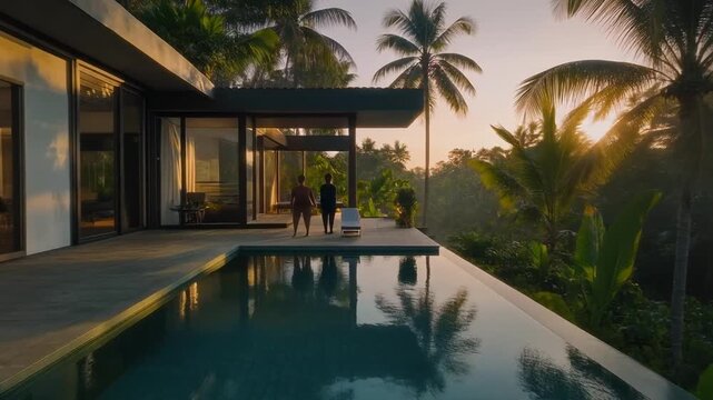 Aerial cinematic view of luxury villa in Bali with infinity pool