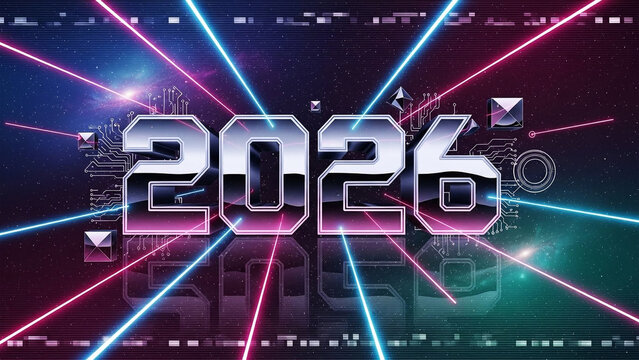 Sci-Fi Retro 2026 Poster: Chrome Typography with Neon Laser Streaks and VHS Cosmic Grain