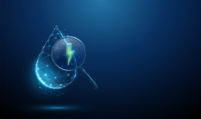 Drop of water under a magnifying glass with a green lightning bolt inside. Eco-friendly technology, scientific research, energy innovation concept.