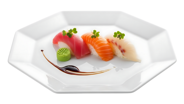 Assorted nigiri sushi plate with tuna salmon and white fish isolated on transparent background
