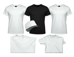 Assortment of white & black blank t-shirts and a cap on black background