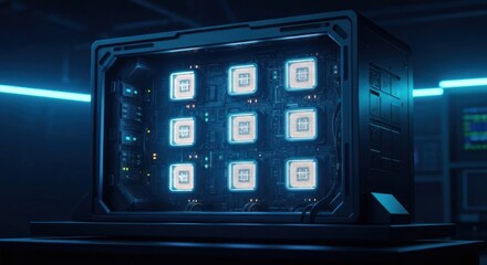 Futuristic, dark room, glowing circuit board in a dark, boxy enclosure