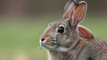 Fototapeta premium Adorable Wild Rabbit Looking Curiously in Green Grassy Field