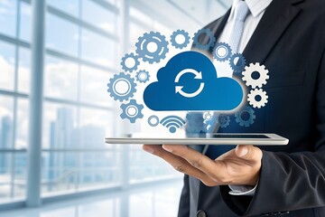 Business person holds a digital tablet, displaying a futuristic cloud data synchronization network with integrated gears and Wi-Fi symbol.