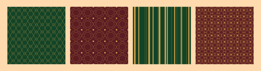 Set of vintage-style Christmas patterns with elegant golden lines. Designed in deep green and burgundy palettes with gold line-art details, stripes and ornate. Holiday cards.