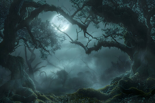 Enchanted forest under full moon with twisted branches