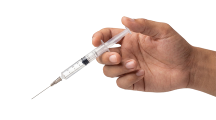 Hand holding medical syringe with needle on white or transparent background.
