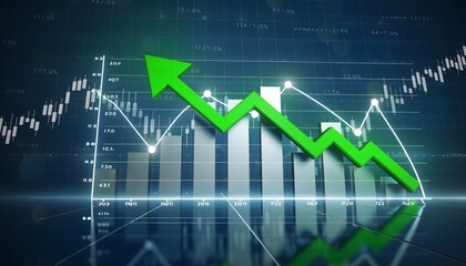 Fototapeta premium Stock Market Growth Concept with Green Arrow and Financial Charts, Representing Business Success, Upward Trends, and Investments.