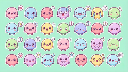 Fototapeta premium Adorable collection of kawaii pastel blob characters with various funny and cute facial expressions and emotions, perfect for playful designs and digital communication