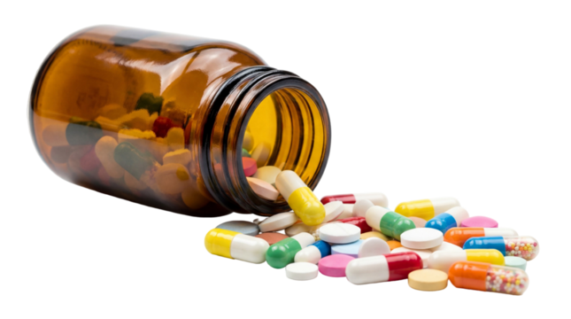 Brown glass pill bottle spilled with assorted colorful tablets and capsules on white or transparent background.