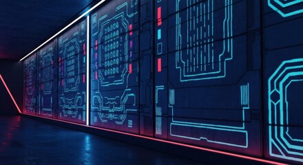 Futuristic server room with glowing circuit board walls
