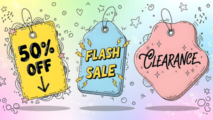 Colorful Sale Tags with 50% Off, Flash Sale and Clearance Text