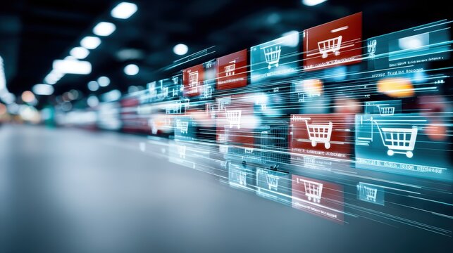 Digital shopping experience revolution e-commerce interface virtual marketplace online retail futuristic technology dynamic perspective consumer engagement