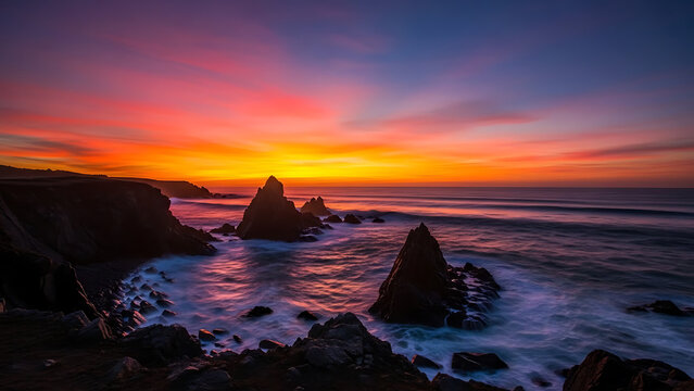 Dramatic sunset over rocky coastline with crashing waves