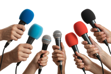 Multiple hands holding colorful microphones on white or transparent background for press interview and media communication designs.