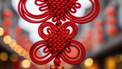 Intricate red Chinese knot decoration hanging with a festive bokeh light background.