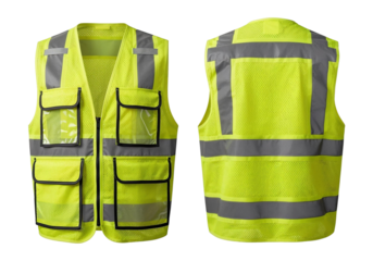 High visibility safety vest with reflective strips front and back view on white or transparent background.