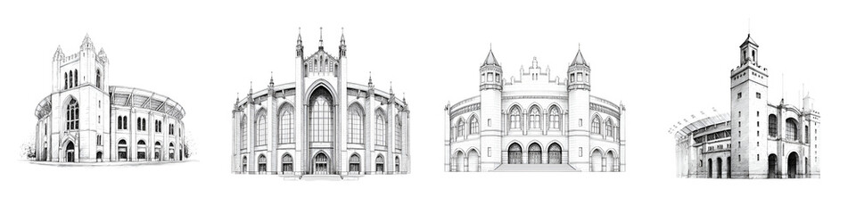 Fototapeta premium Black and White Ink Sketches of European City Landmarks
