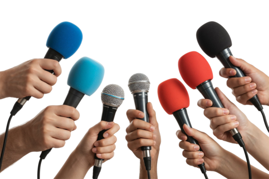 Multiple hands holding colorful microphones on white or transparent background for press interview and media communication designs.