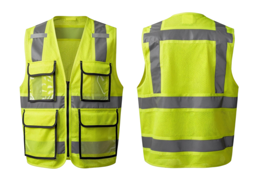 High visibility safety vest with reflective strips front and back view on white or transparent background.
