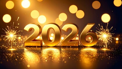 numbers 2026 on a Gold glitter background.Shiny glittering dust.Christmas and New year holidays concept.Holiday illumination concept - christmas garland bokeh lights over dark background