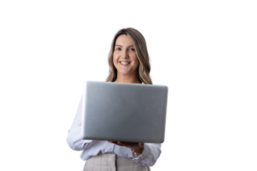 Businesswoman holding laptop smiling on transparent background