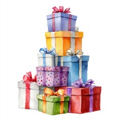 Obraz premium Colorful stack of gift boxes with ribbons isolated on a white background