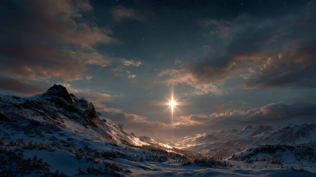 Dazzling star shines brightly over snow-covered mountains at dusk.