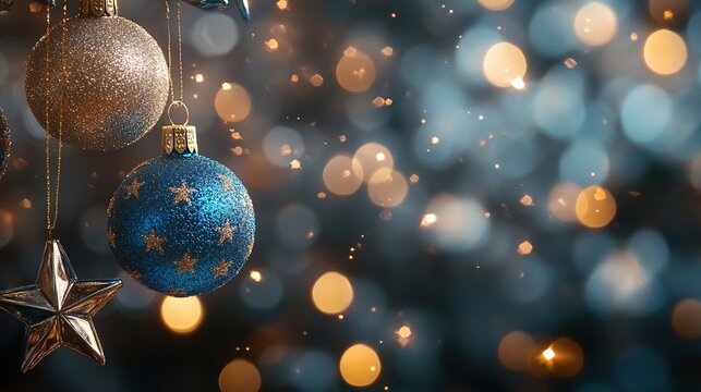 blue and silver christmas background with hanging ornaments, stars, and bokeh lights, magical atmosphere for holiday designs or social media posts, christmas card design
