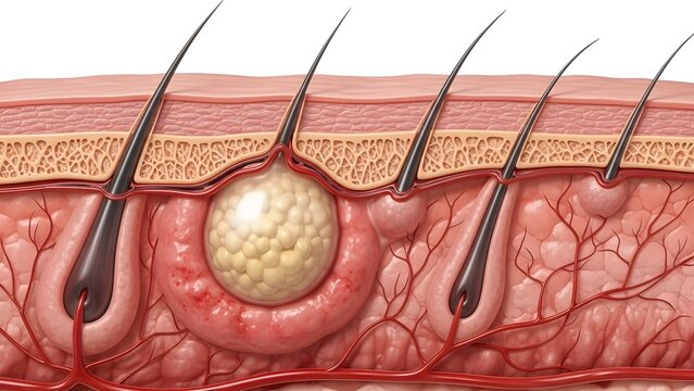Detailed medical illustration showing a cross-section of skin with an inflamed sebaceous cyst or boil developing at the hair follicle