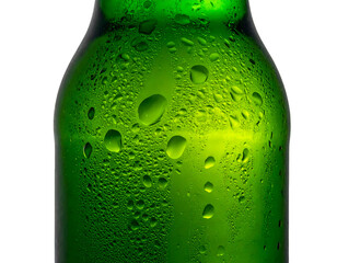 Close up of cold green glass bottle covered with water droplets and condensation on isolated background