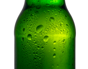 Close up of cold green glass bottle covered with water droplets and condensation on isolated background