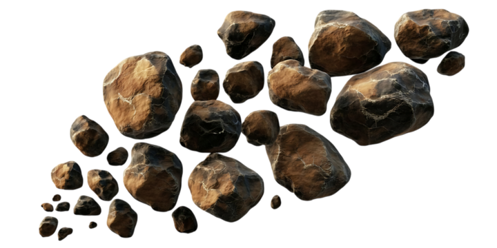 Collection of rough brown rocks and pebbles isolated on white background