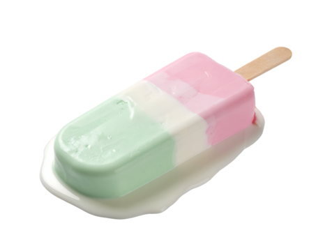 Melting tricolor ice cream popsicle with wooden stick and creamy puddle on isolated background - Powered by Adobe