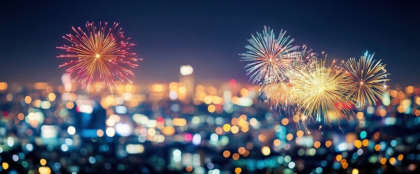 festive fireworks display over the cityscape at night, creating an enchanting and vibrant atmosphere for the new year's celebration, bokeh effect in the background
