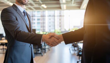 A powerful and confident handshake between two dedicated businessmen in a bright, contemporary office environment, symbolizing successful agreement and collaboration